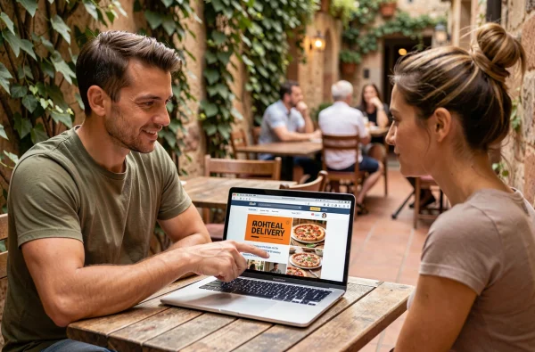Deux entrepreneurs analysant une stratégie de marketing digital local pour une pizzeria sur ordinateur portable en terrasse