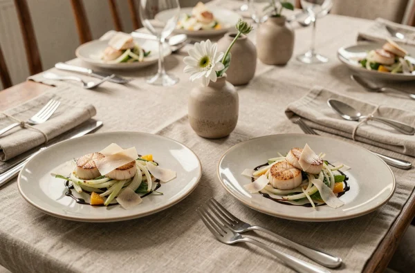 Table dressée pour deux avec entrée de coquilles Saint-Jacques sur salade de fenouil et agrumes pour un repas raffiné