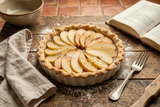 Tarte aux poires maison rustique vue du dessus sur une table en bois, avec une pâte feuilletée dorée et des tranches de poires caramélisées