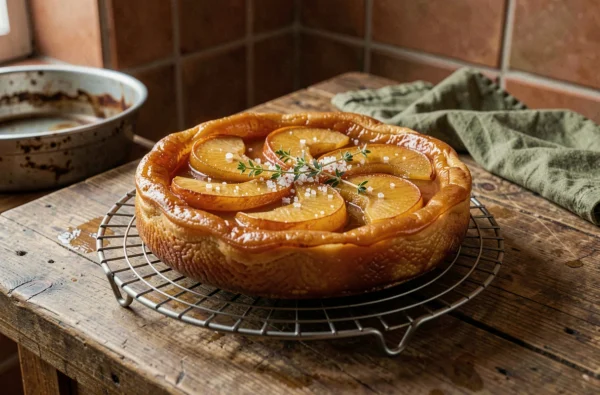 Tarte tatin maison caramélisée sur grille de refroidissement dans une cuisine rustique française avec carrelage en terre cuite