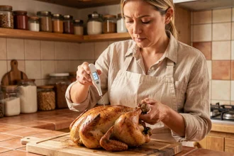 Femme utilisant un thermomètre de cuisson digital pour vérifier la température d'un poulet rôti dans une cuisine familiale
