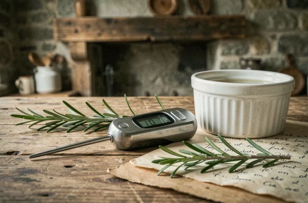 Gros plan d'un thermomètre de cuisson digital posé sur une table en bois rustique avec des notes de recette et du romarin frais