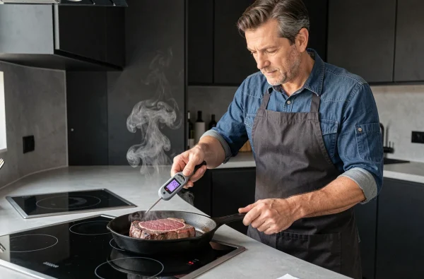 Homme vérifiant la température d'un steak avec un thermomètre digital dans une cuisine moderne équipée d'une plaque à induction