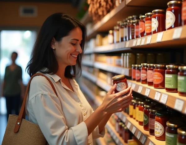Femme souriant en train de choisir des produits typiques basques dans un supermarché frontalier à Dancharia, tenant un pot de confiture au piment d'Espelette