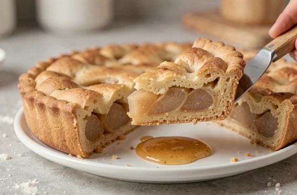 Tranche de tarte aux poires maison soulevée avec une spatule, révélant une pâte feuilletée beurrée et des morceaux de poires fondants