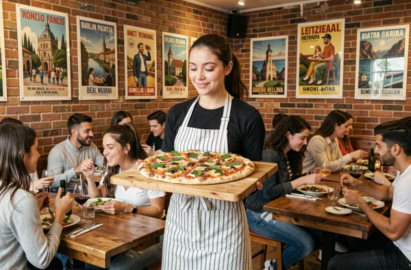 Serveuse portant une pinsa romana dans la trattoria animée Tripletta à Rennes, décor en brique et affiches italiennes vintage