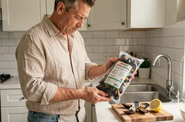 Homme vérifiant l'étiquette d'un paquet de moules achetées hors saison dans une cuisine moderne