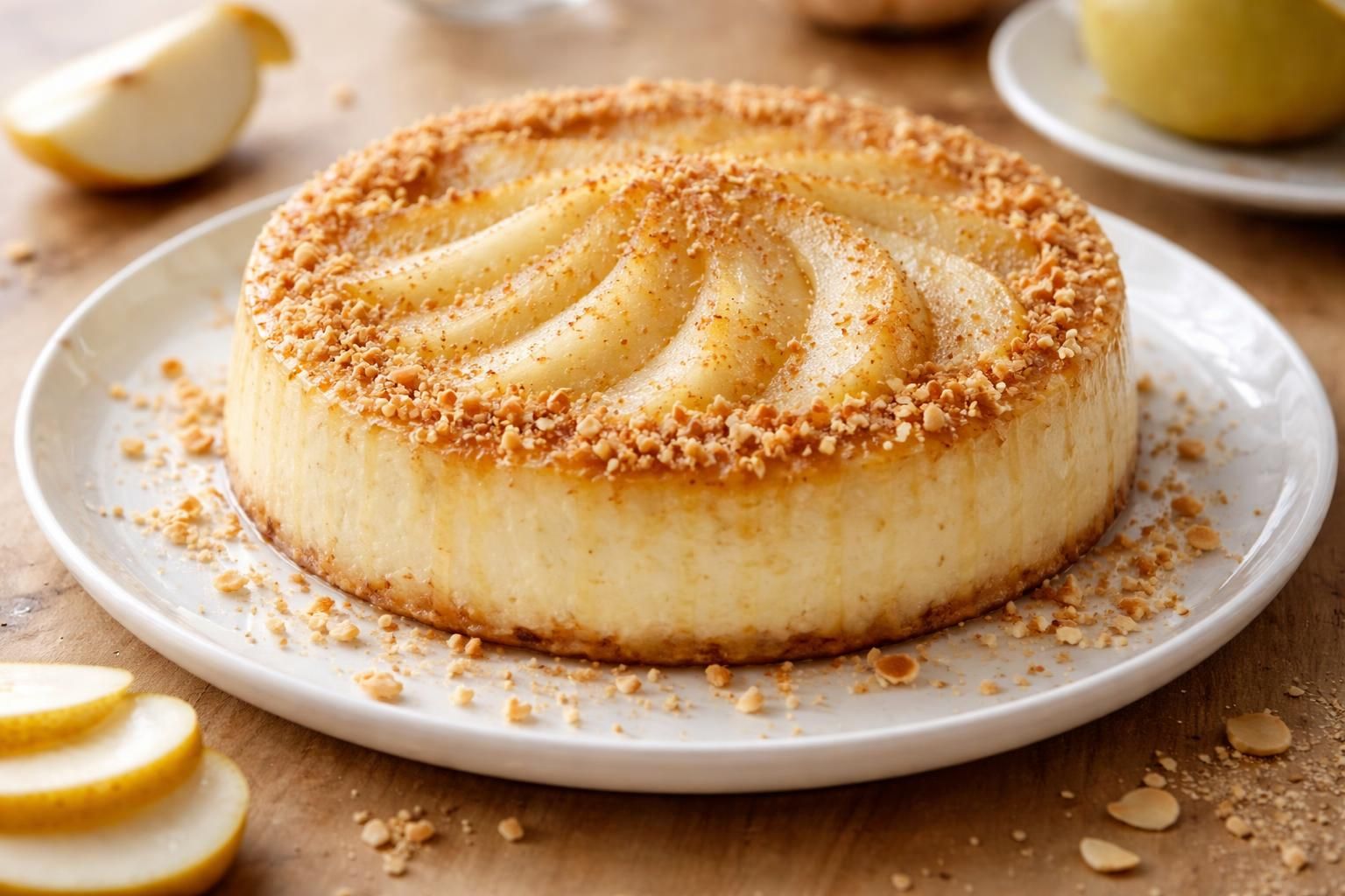 découvrez notre flan aux poires et poudre d'amandes, une délicieuse alliance de douceur et de saveur qui ravira vos papilles à chaque bouchée.