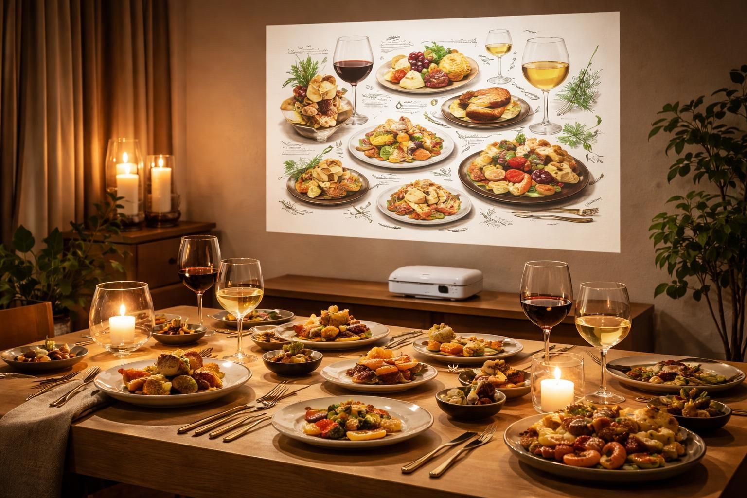 découvrez le menu du dîner projeté avec le mini vidéoprojecteur epson, idéal pour une soirée dégustation conviviale alliant technologie et gourmandise.