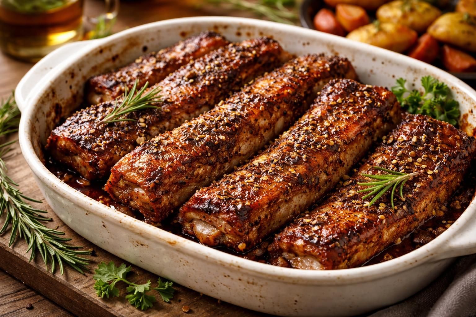 découvrez la recette facile et savoureuse de travers de porc fondant au four, sans miel, relevée par un délicieux mélange d'épices pour un plat plein de goût.