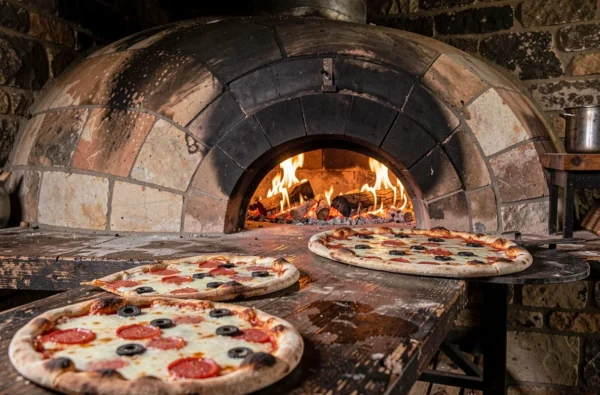 Four à bois traditionnel en plein fonctionnement avec pizzas cuites à la flamme chez Al Fornello à La Madeleine