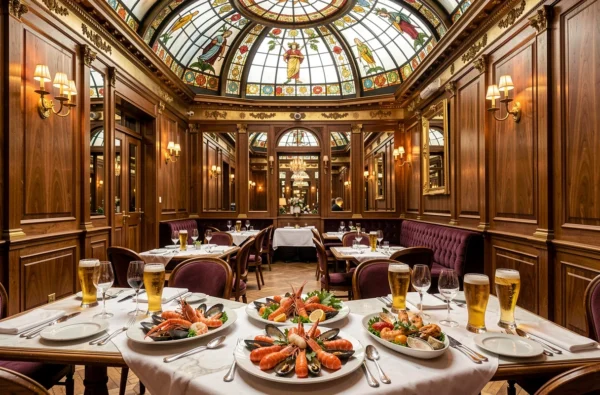 Intérieur Belle Époque de la Brasserie Bofinger avec son célèbre dôme en vitrail, tables dressées de plateaux de fruits de mer et de bières dorées dans un décor de boiseries et laiton