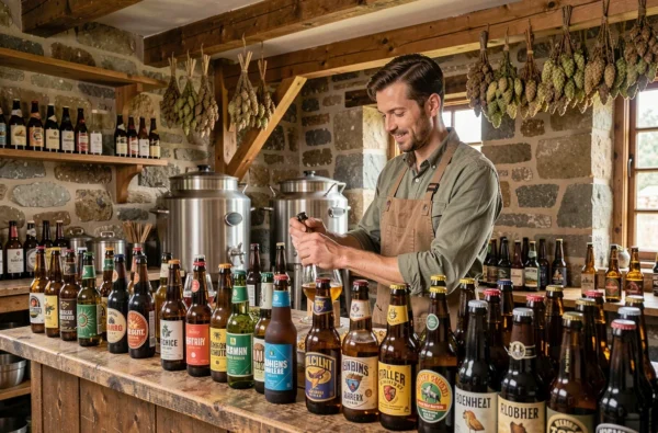 Brasseur arrangeant des bouteilles de bière artisanale dans la salle de dégustation rustique de la Brasserie de Meaux, avec murs en pierre, poutres en chêne et houblon séché