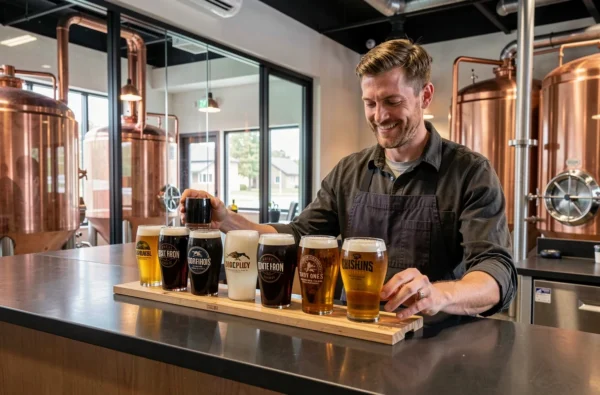 Brasseur présentant une dégustation de bières artisanales en vol sur comptoir sombre à la Brasserie du Grand Paris, cuves en cuivre visibles derrière une paroi vitrée