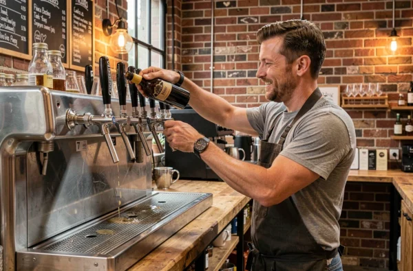 Bartender versant une bière artisanale à la pression au comptoir de la Brasserie Gallia, avec robinets chromés et briques apparentes dans un décor industriel parisien