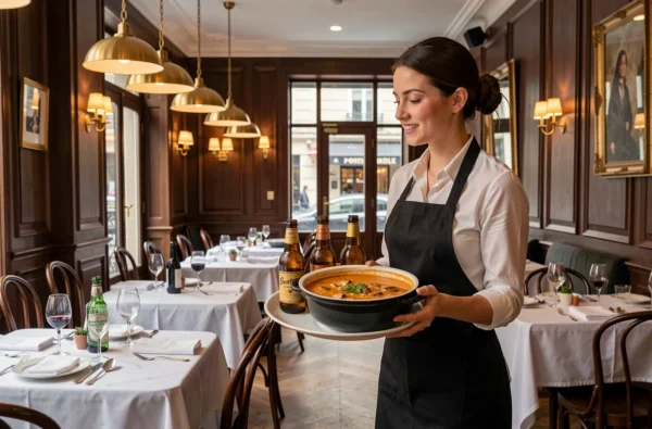Serveuse apportant des bières et une soupe à l'oignon dans la salle élégante de la Brasserie La Française, avec tables en marbre, nappes blanches et suspensions dorées