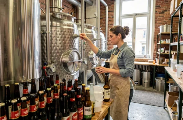 Brasseuse inspectant les cuves de fermentation inox à la Brasserie La Parisienne, bouteilles empilées au premier plan dans un atelier de brassage artisanal parisien