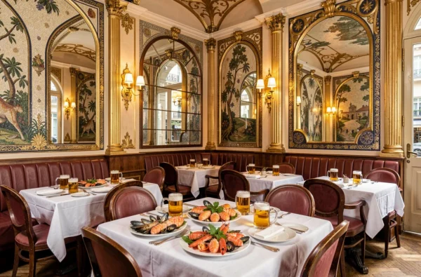 Salle Art Nouveau de la Brasserie Mollard avec ses fresques en mosaïque céramique, pilastres dorés et miroirs biseautés, tables dressées avec plateaux de fruits de mer et chopes de bière