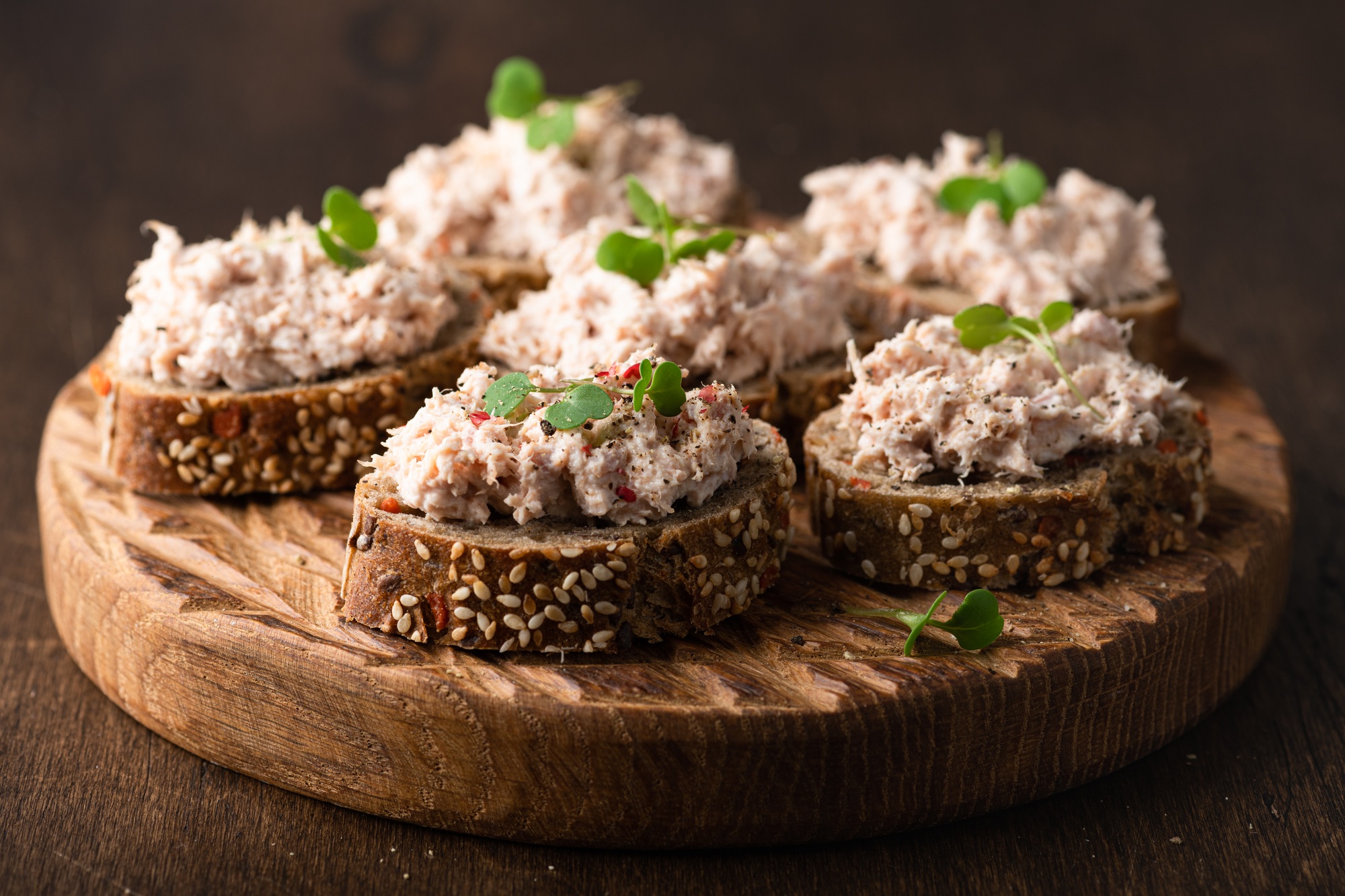 bruschetta with tuna pate, fish rillettes
