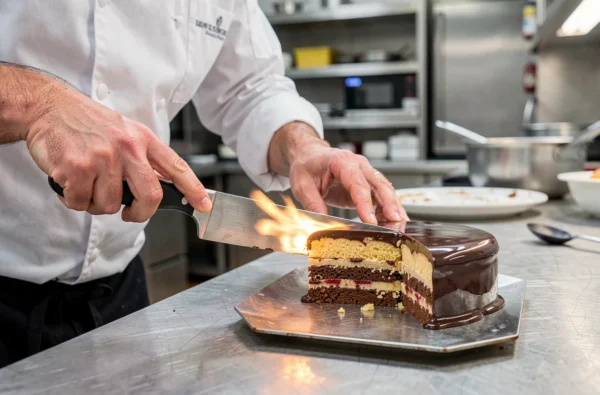 Chef pâtissier découpant un opéra gâteau avec un couteau chauffé pour obtenir une coupe nette à travers le glaçage chocolat brillant en cuisine professionnelle