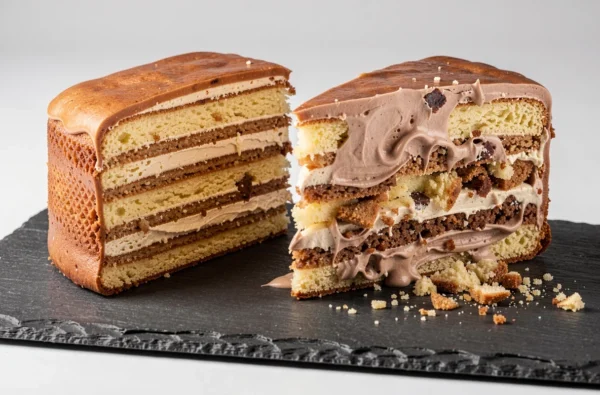 Comparaison de deux tranches d'opéra gâteau côte à côte sur ardoise, l'une parfaitement découpée et l'autre avec des couches écrasées illustrant les erreurs de découpe courantes