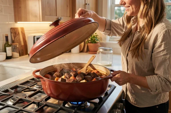 Femme cuisinant un bœuf bourguignon maison dans une cocotte en fonte dans une cuisine moderne et chaleureuse