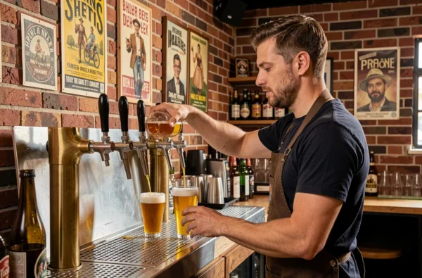 Barman versant une IPA houblonnée à la pression au comptoir de Demory Paris, avec murs en briques rouges, robinets en laiton et affiches vintage de la marque
