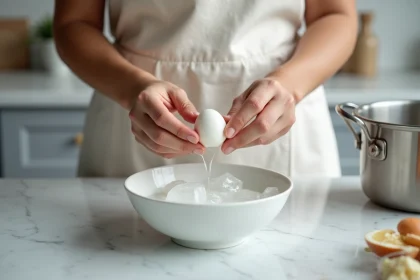 Femme épluchant un œuf dur au-dessus d'un bol d'eau froide et de glaçons sur un plan de travail en marbre