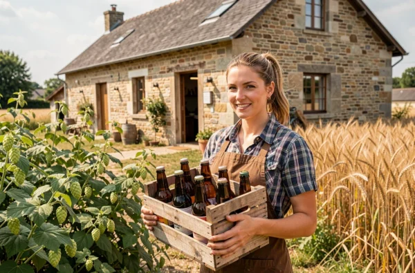 Brasseuse portant des bouteilles de bière artisanale devant la ferme-brasserie du Vexin, entourée de plants de houblon et de champs de céréales dorées en Île-de-France