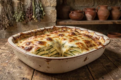 Gratin de courgettes maison doré et gratiné dans un plat en céramique rustique posé sur une table en bois