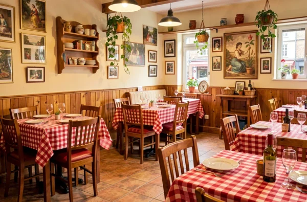 Salle conviviale de la pizzeria de quartier La Pazienza à Lille avec nappes à carreaux et décor italien