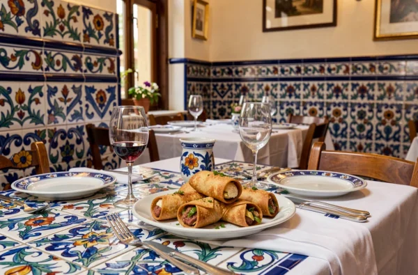 Table dressée avec cannolo siciliano et décor en céramique majorque chez La Trinacria à Lille