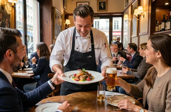 Chef du Galopin présentant une assiette de cuisine française raffinée et une bière artisanale à des clients dans l'atmosphère intimiste du restaurant-brasserie du 10e arrondissement de Paris