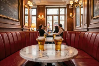 Intérieur classique d'une brasserie parisienne avec banquettes en cuir rouge, tables en marbre et verres de bière dorée, ambiance chaleureuse et conviviale typique de l'Île-de-France