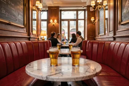 Intérieur classique d'une brasserie parisienne avec banquettes en cuir rouge, tables en marbre et verres de bière dorée, ambiance chaleureuse et conviviale typique de l'Île-de-France