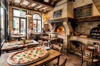 Vue d'ensemble d'une pizzeria italienne traditionnelle dans le Nord avec four à bois et pizzas artisanales