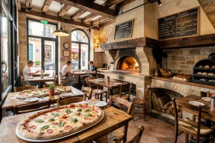 Vue d'ensemble d'une pizzeria italienne traditionnelle dans le Nord avec four à bois et pizzas artisanales