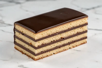 Tranche d'opéra gâteau parfaitement découpée révélant des couches bien définies de biscuit joconde, crème au beurre café et ganache chocolat noir sur marbre blanc