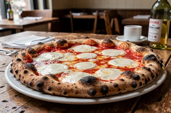 Pizza napolitaine margherita aux bords brûlés et à la mozzarella de bufflonne chez Origano à Lille