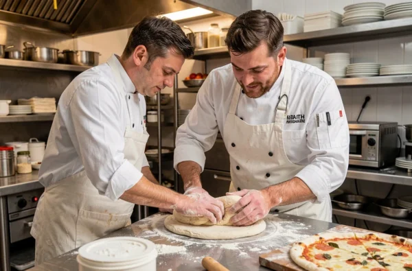 Pizzaiolo artisan pétrissant la pâte à pizza à la main dans la pizzeria Papa Rafaele à Lille