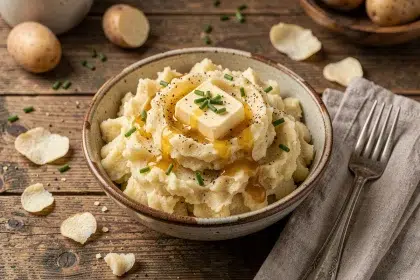 Bol en céramique rustique rempli de pommes de terre écrasées maison avec beurre fondu et ciboulette fraîche sur table en bois de ferme
