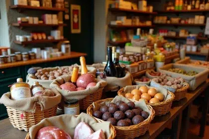 Assortiment de produits régionaux basques sur une table en bois au marché de Dancharia : jambon de Bayonne, piment d'Espelette, chocolats artisanaux et vins locaux