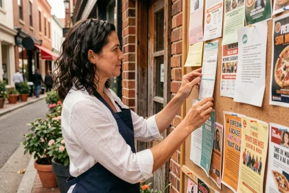 Propriétaire de pizzeria affichant des flyers promotionnels sur un panneau communautaire pour promouvoir son établissement local