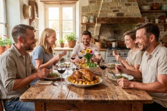 Repas du dimanche en famille avec poulet rôti et légumes dorés sur table en bois rustique dans une cuisine de campagne française