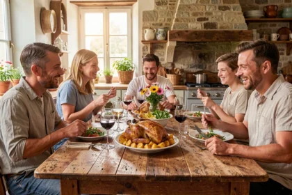 Repas du dimanche en famille avec poulet rôti et légumes dorés sur table en bois rustique dans une cuisine de campagne française