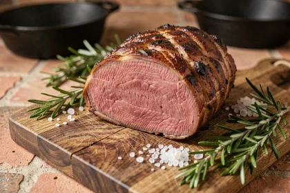 Rôti de boeuf d'un kilogramme tranché sur une planche en bois révélant une chair rosée et juteuse