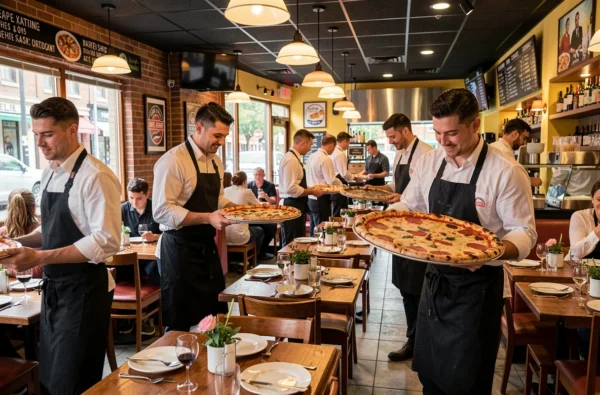 Salle animée de la pizzeria populaire Squadra à Lille avec serveurs portant des pizzas pendant le service
