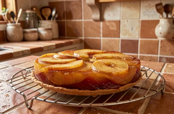 Tarte tatin maison caramélisée sur grille de refroidissement dans une cuisine rustique française avec carrelage en terre cuite