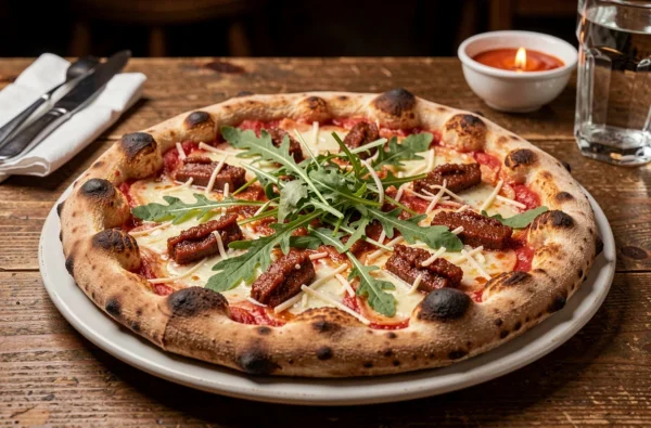 Pizza artisanale à la nduja, stracciatella et roquette servie chez Tocca a Té à Roubaix